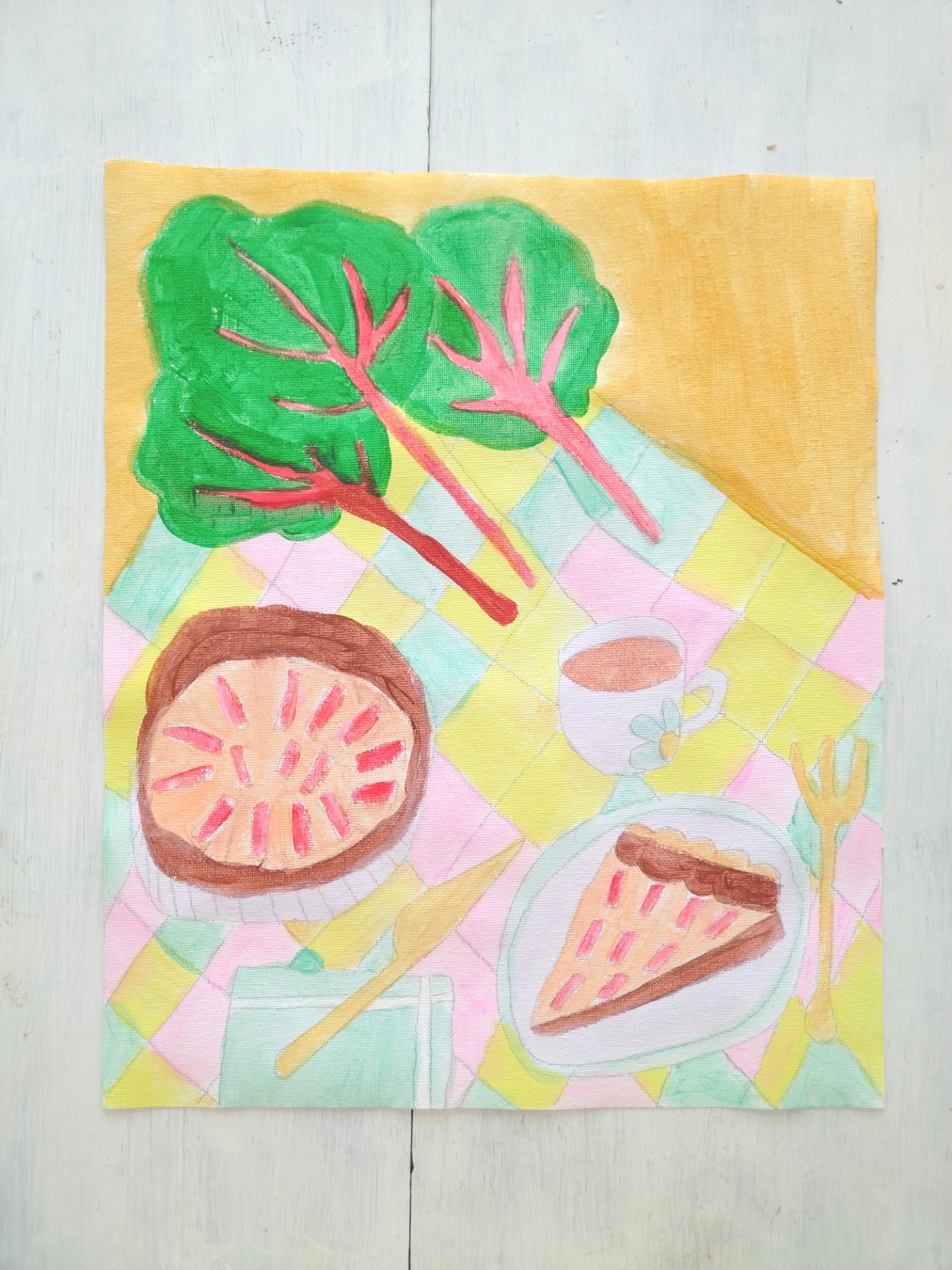 "Raparperipiirakka", koko: 36,1x29,6cm, hinnat: 66€/haku, 80€/postitus